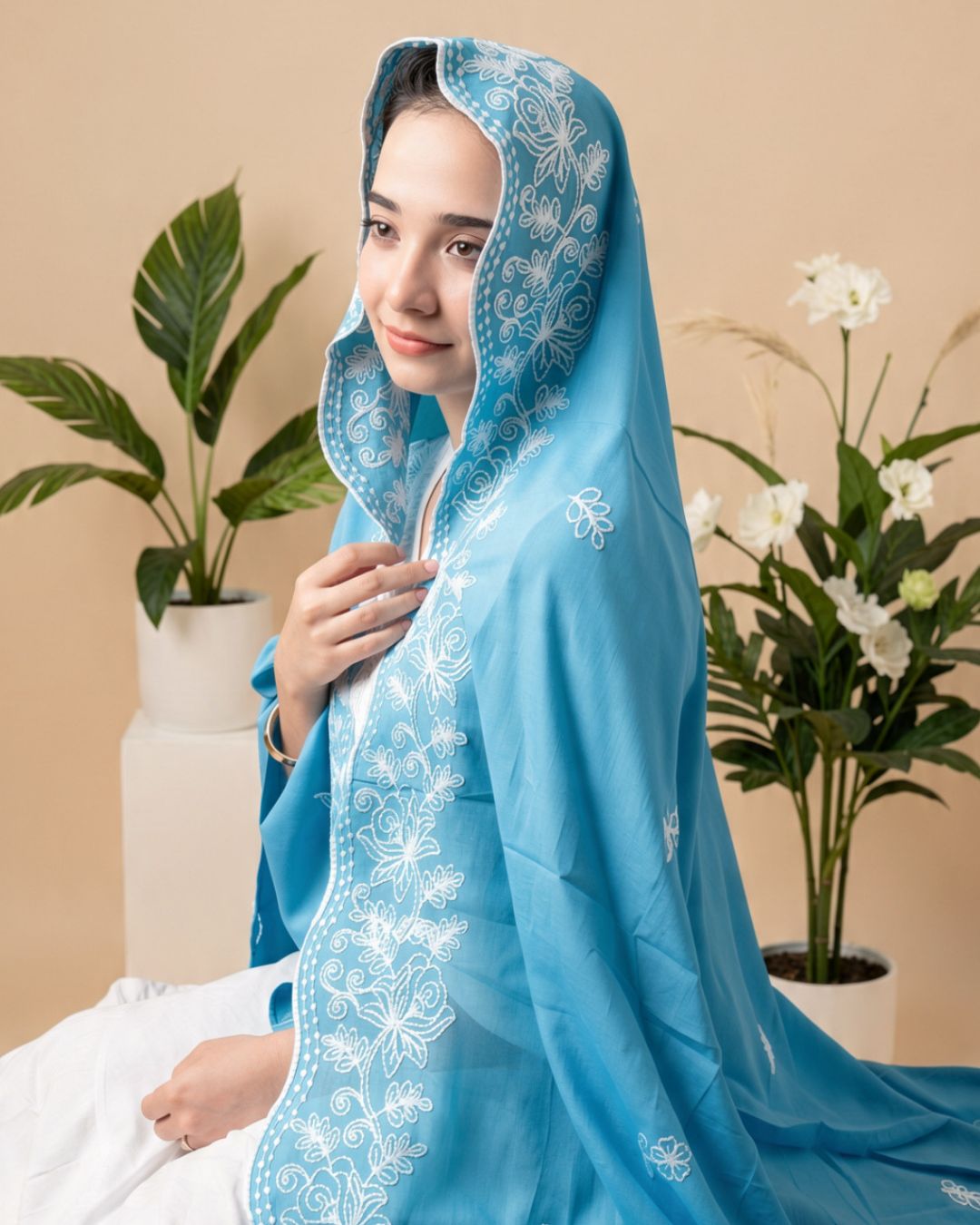 Londoni Shella Wave Chevron Embroidered Malmal Dupatta Set (9 Pieces | 9 Colours | 9 Embroidery Designs) - Image 4
